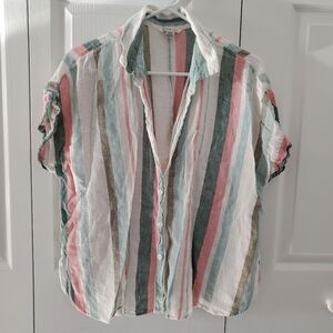 American Eagle Linen & Viscose Lightweight Vertical Striped Button-down Blouse